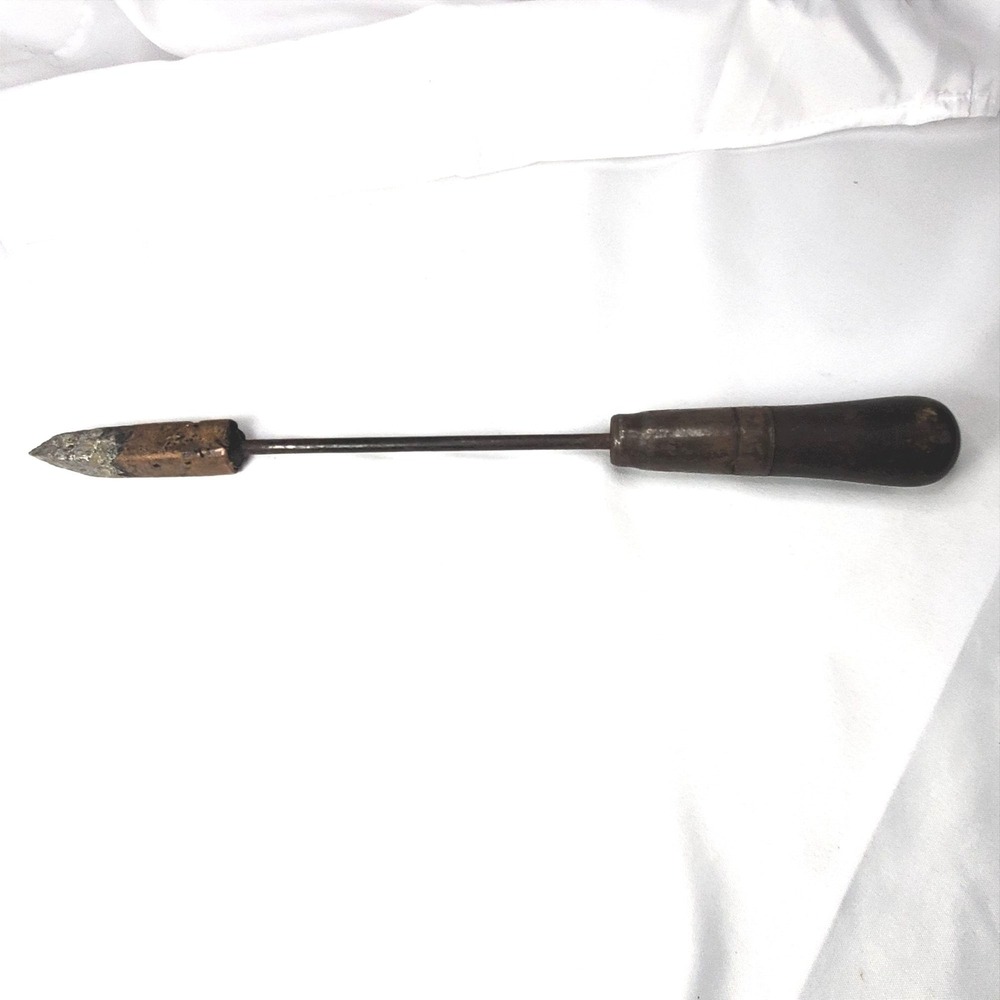 Antique Soldering Iron Primitive Copper Head Tool Wooden Handle Industrial Decor